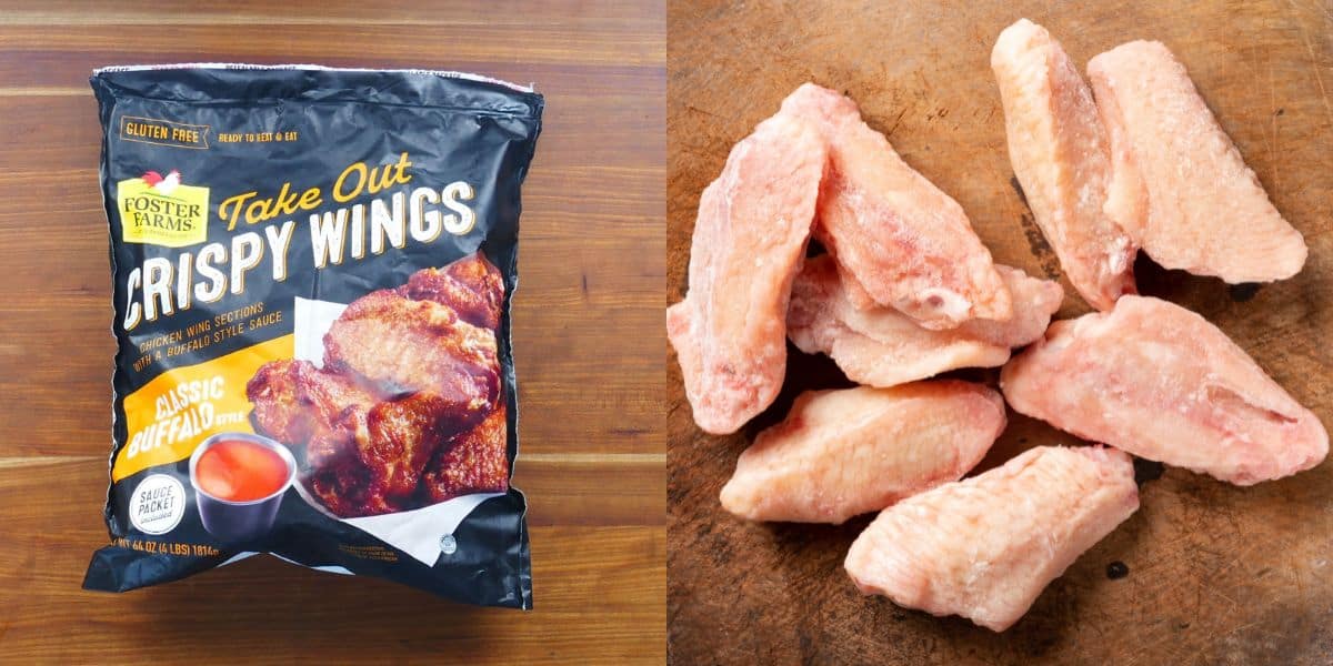 collage with bag of cooked frozen chicken wings and frozen raw chicken wings