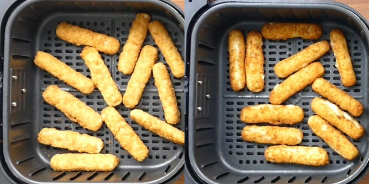 collage - frozen fish sticks, cooked fish sticks in air fryer basket