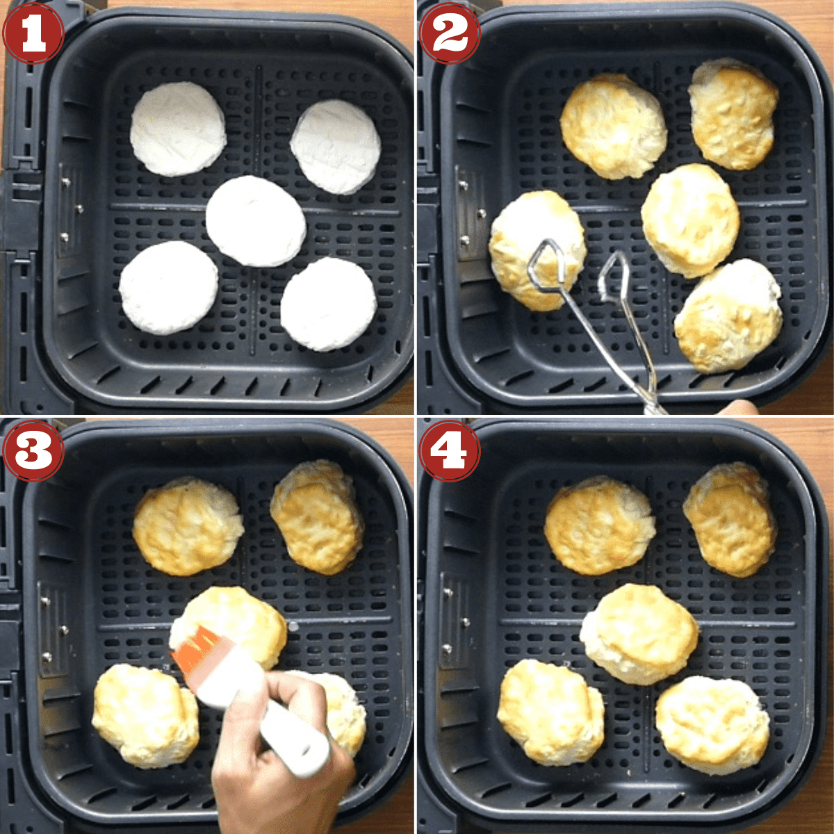 Collage of frozen biscuits in air fryer basket, being flipped, being brushed with butter, cooked