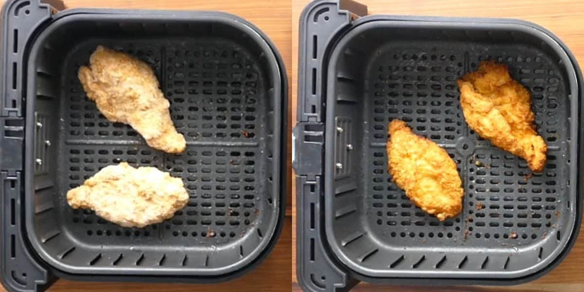 Collage of two pieces of breaded chicken being cooked in an basket style air fryer