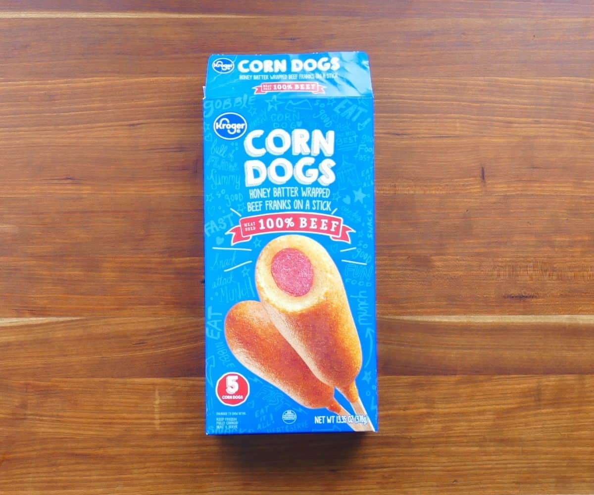 Box of Kroger corn dogs - honey batter wrapped beef franks on a stick.