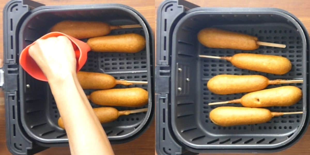 Collage with cooking stages of frozen corn dogs