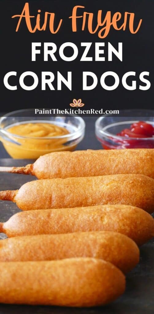 Row of five cooked corn dogs with ketchup and mustard in bowls with text 