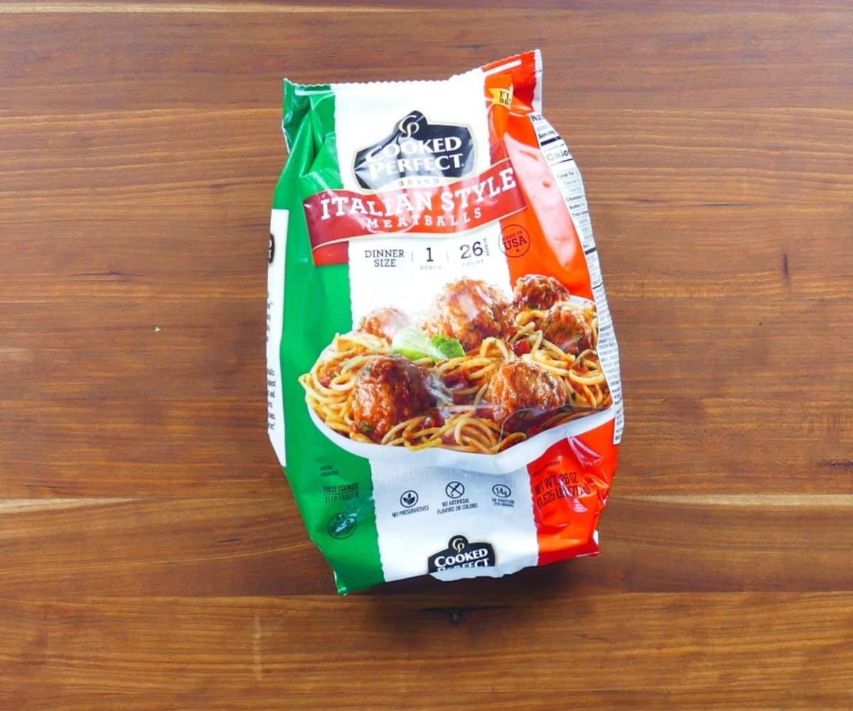 Bag of Cooked Perfect brand Italian style meatballs bag.