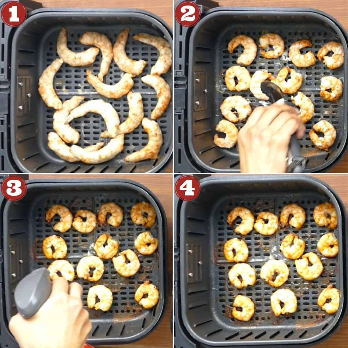 collage of shrimp in air fryer cooking stages - frozen shrimp, being flipped, being sprayed, cooked shrimp.