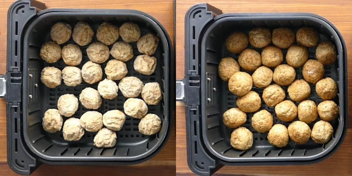 Collage with frozen meatballs in air fryer basket and cooked meatballs