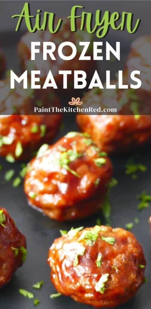Glazed meatballs on a black plate, garnished with parsley and text 