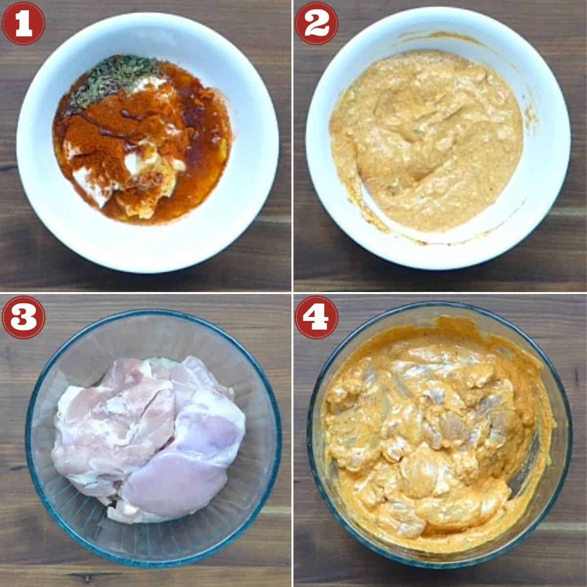 Collage of spices in bowl, spices mixed, chicken in bowl and chicken mixed with spices.