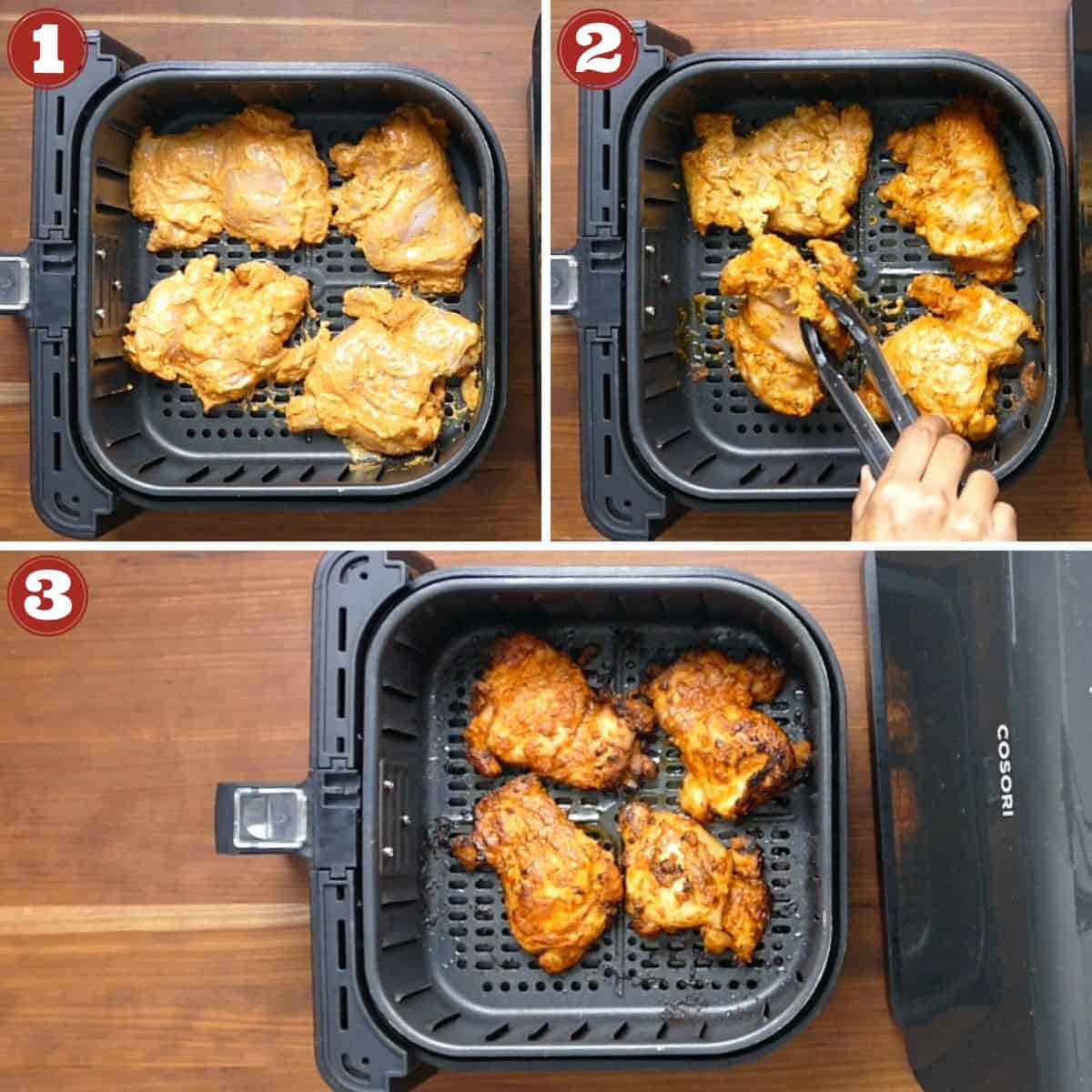 Collage of marinated chicken in air fryer, chicken being turned, chicken cooked.