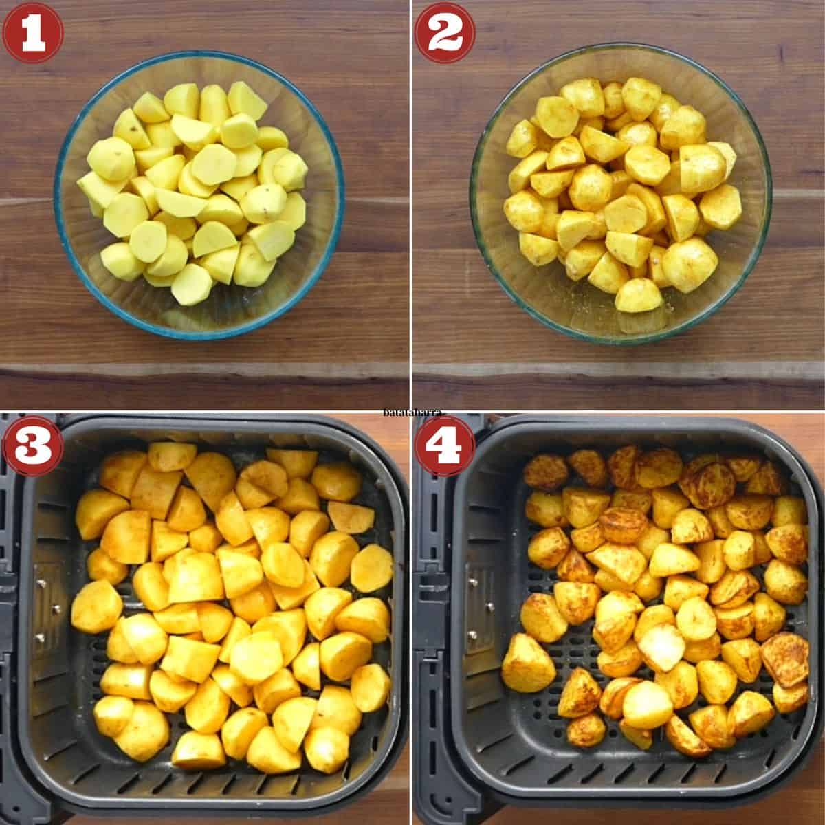 Collage with cooking stages of potatoes - bowl of potatoes, with spices, in air fryer, roasted