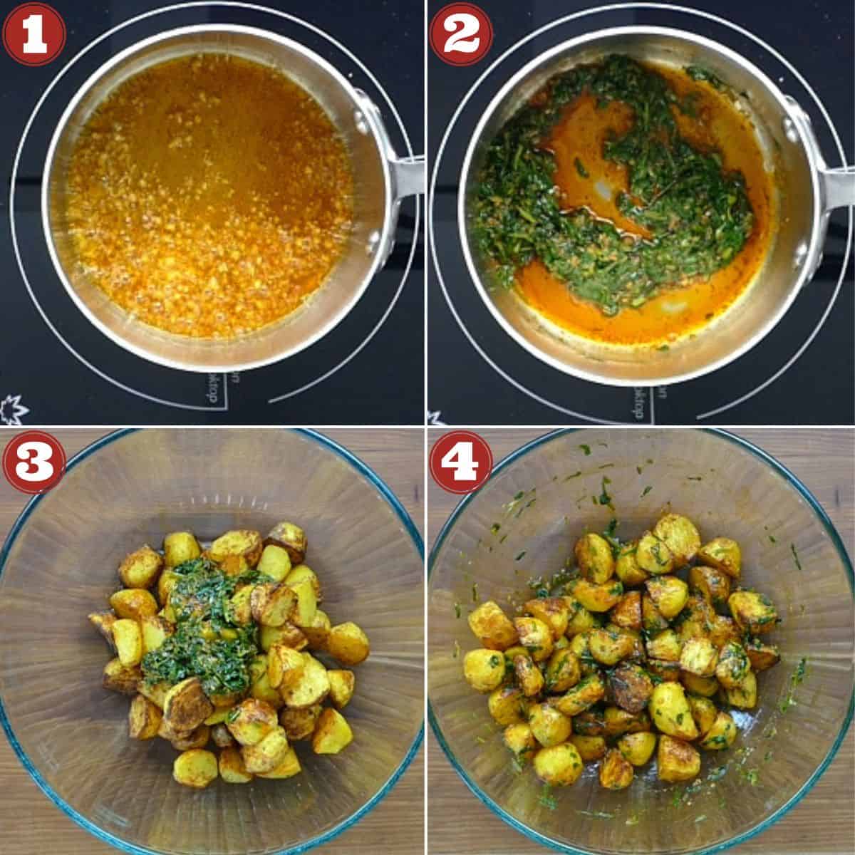 Collage of potatoes cooking stages - olive oil spiced, cilantro, potatoes topped with cilantro, potatoes stirred