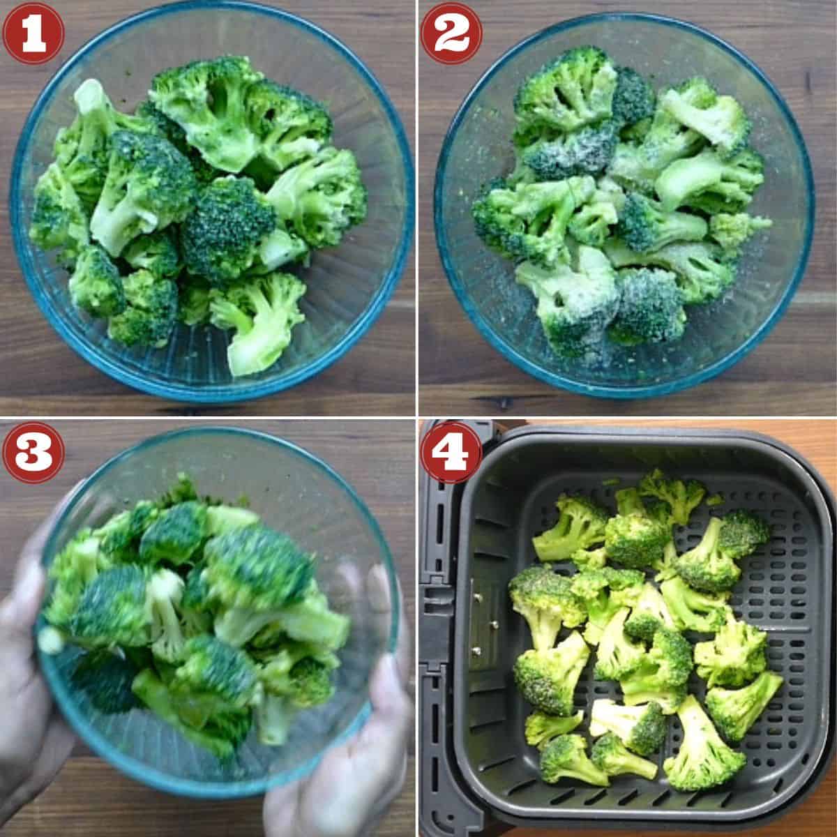 Collage with 4 cooking stages for frozen broccoli - in bowl, with spices, tossed, and in air fryer basket.