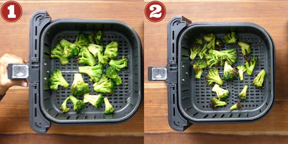 Collage with 2 cooking stages for frozen broccoli - tossed and cooked through.