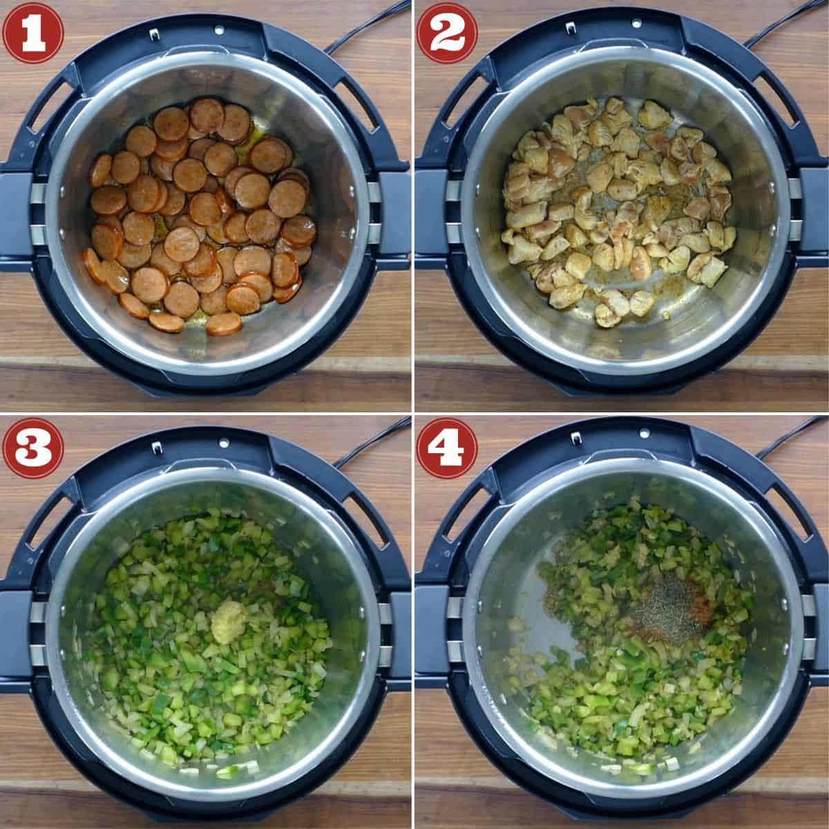 Instant Pot Cajun Pasta Cooking Stages - sausage, chicken, vegetables, spices