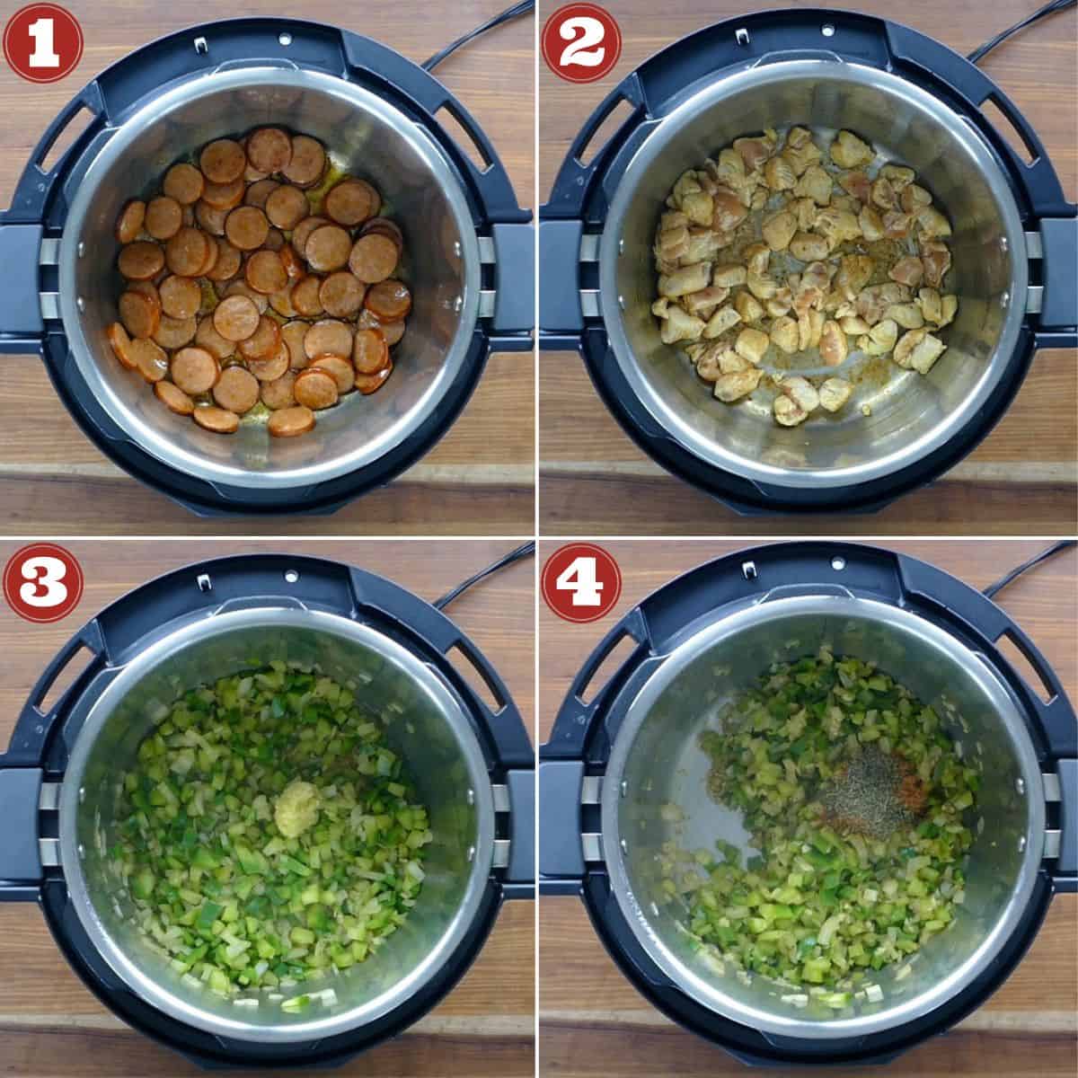 Instant Pot Cajun Pasta Cooking Stages - sausage, chicken, vegetables, spices