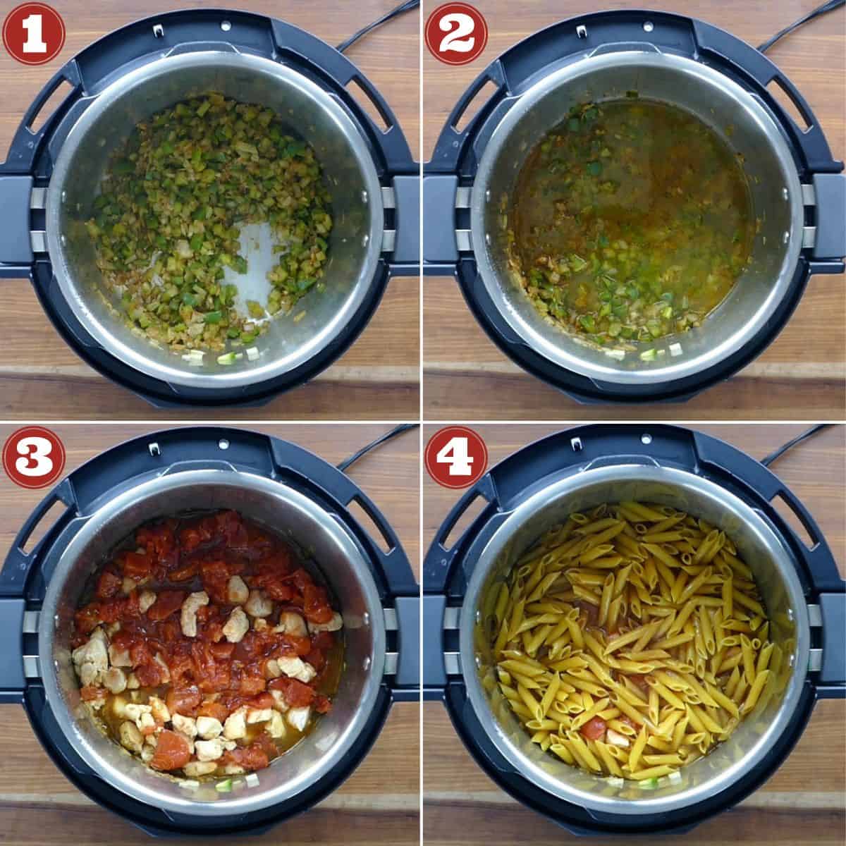 Instant Pot Cajun Pasta Cooking Stages - cooked vegetables, broth, tomatoes, pasta