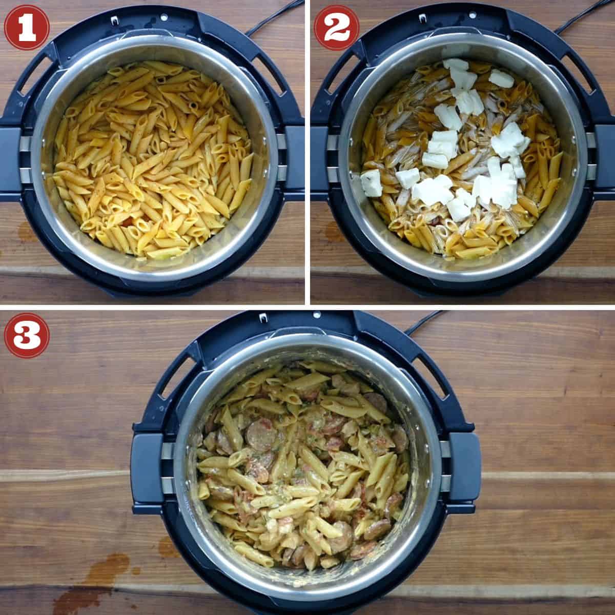 Instant Pot Cajun Pasta Cooking Stages - cooked pasta, cream cheese, stirred.