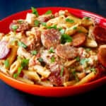 Red bowl with pasta, sausage, chicken, garnished with parsley.