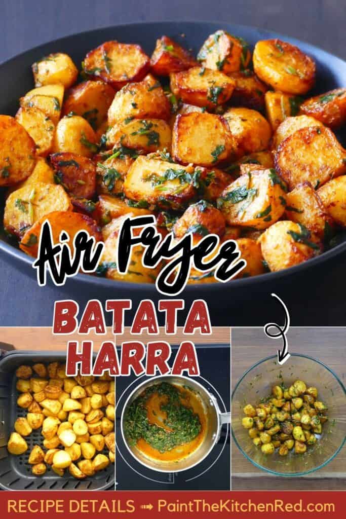 Potatoes coated with cilantro sauce and collage of cooking stages with text 