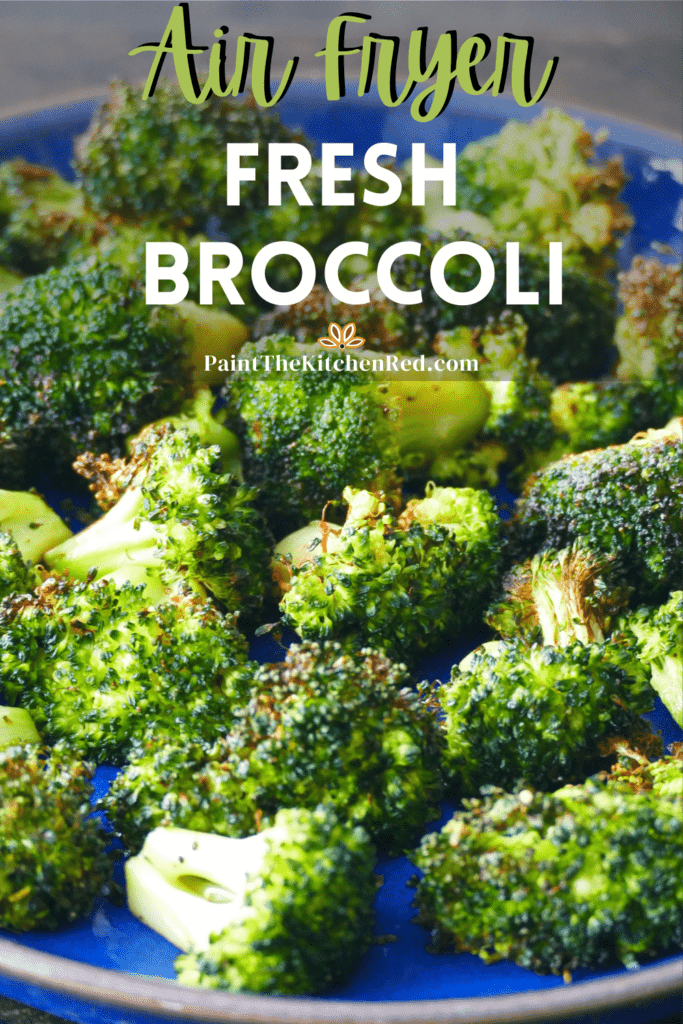 Blue plate with slightly charred broccoli florets and text 