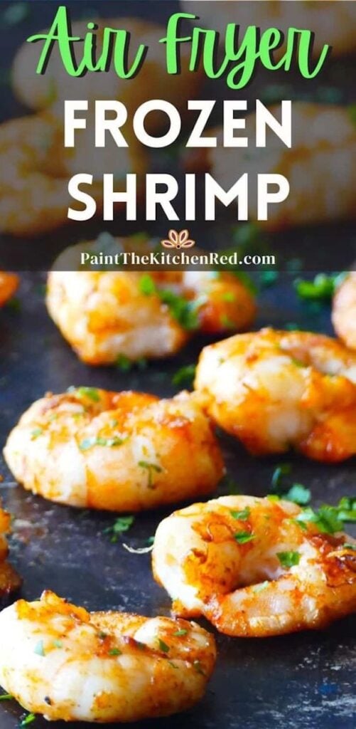 Cooked spiced shrimp arranged on a dark background with parsley garnish with text "air fryer frozen shrimp".