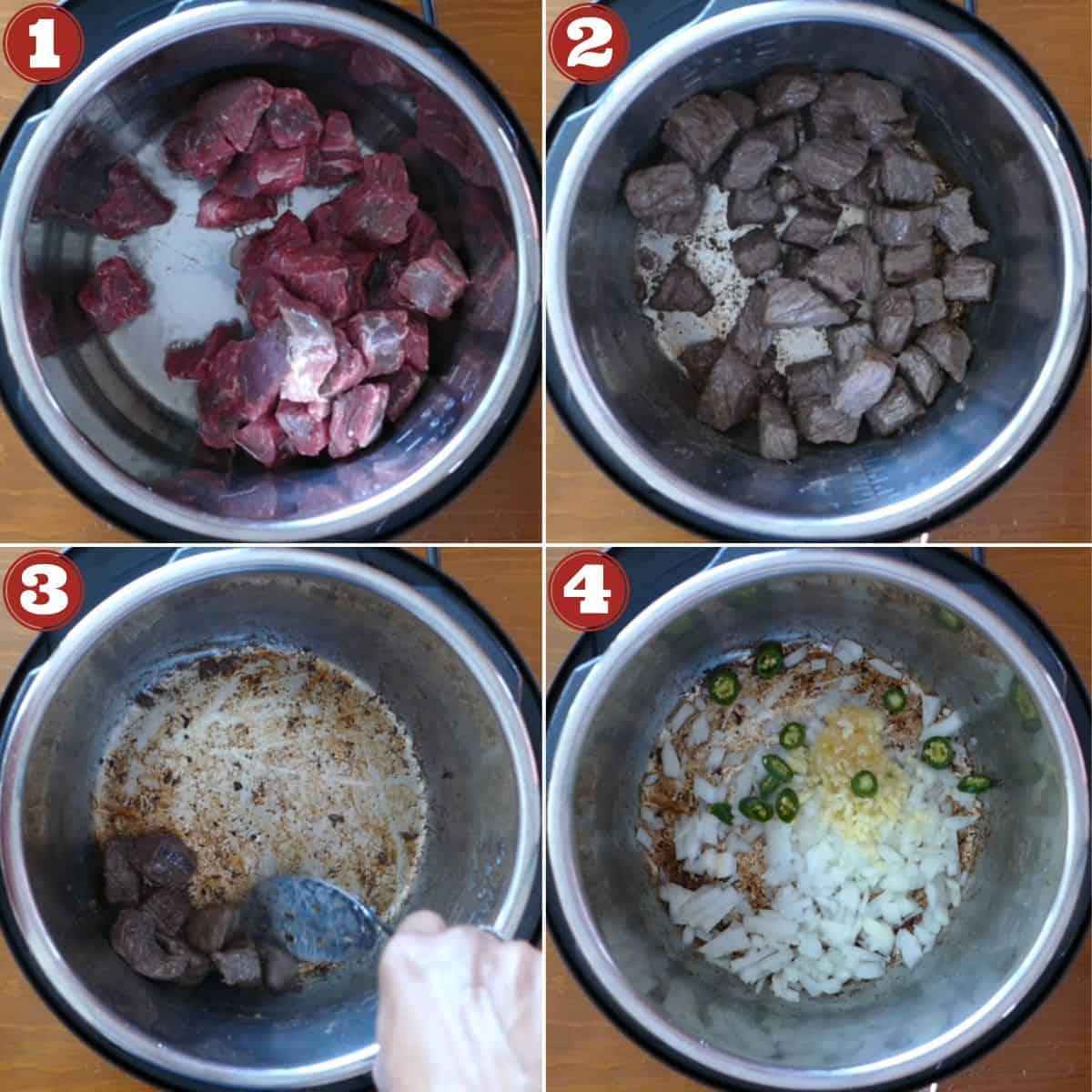 Instant Pot Beef Curry Instructions collage of cooking stages - sear beef, onions