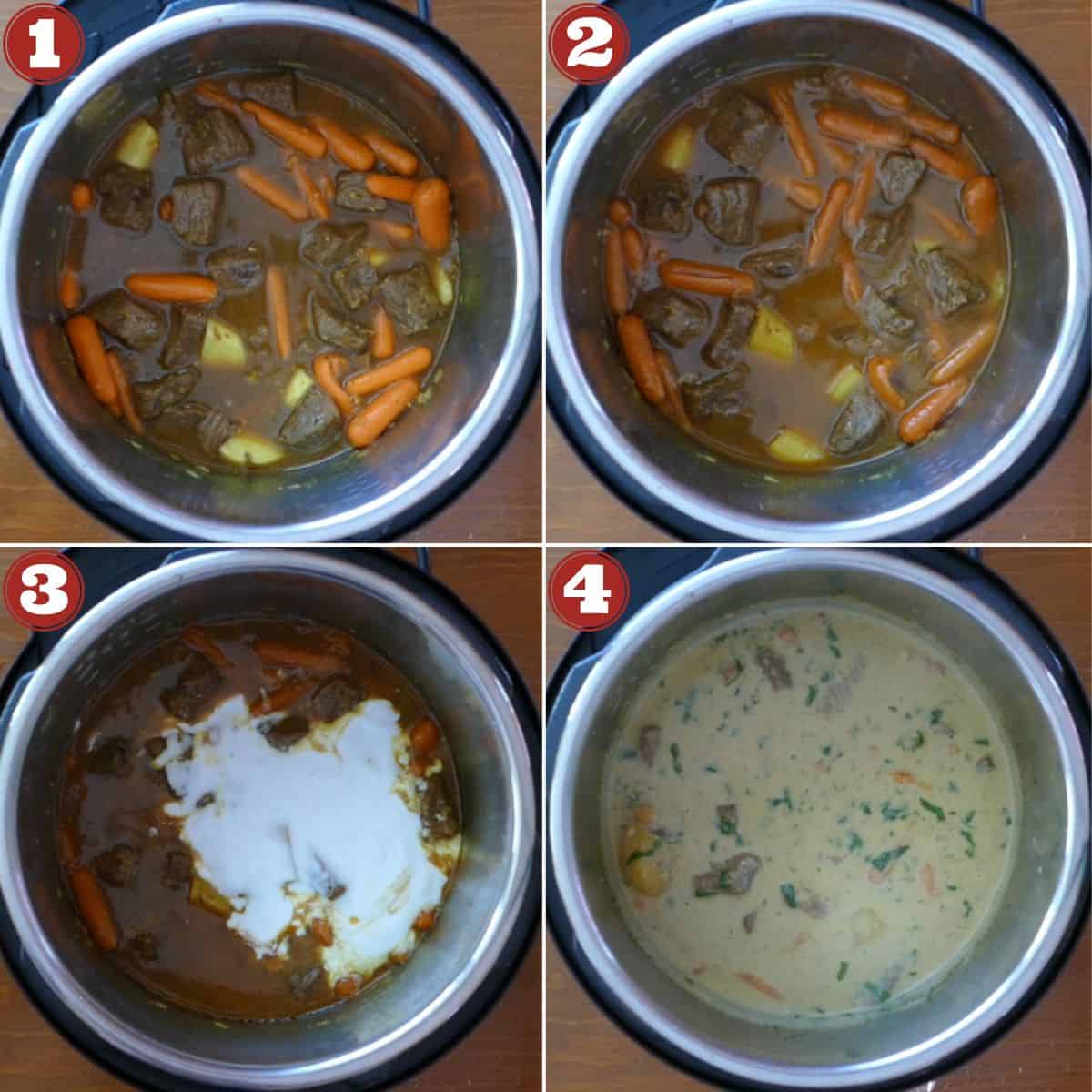 Instant Pot Beef Curry Instructions collage of cooking stages - carrots and potatoes, coconut milk, finished product