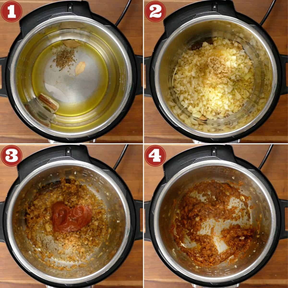 Instant Pot chicken curry collage with stages of cooking onion and tomato