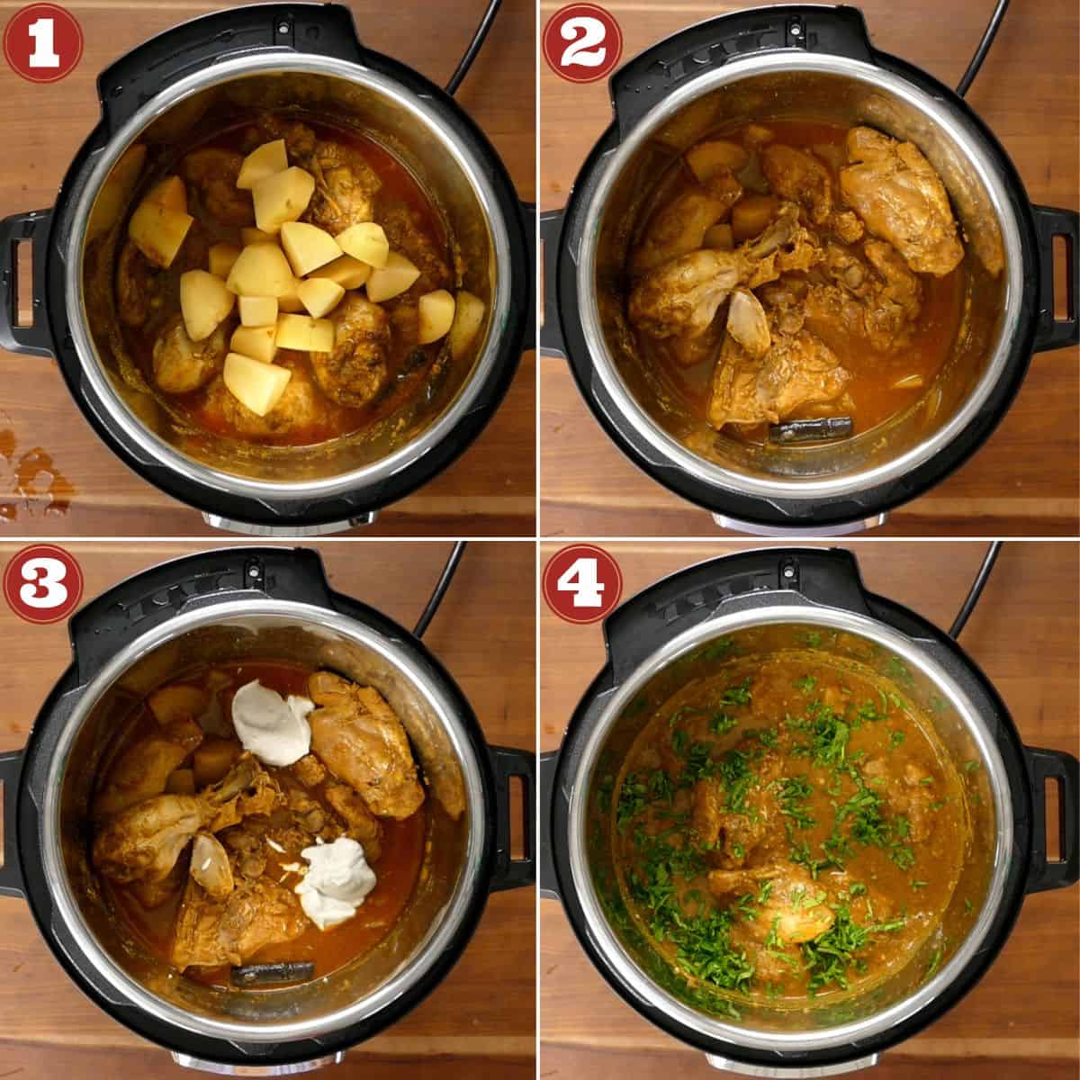 Instant Pot chicken curry collage with stages of cooking potatoes, cashew nut and garnish of finished dish