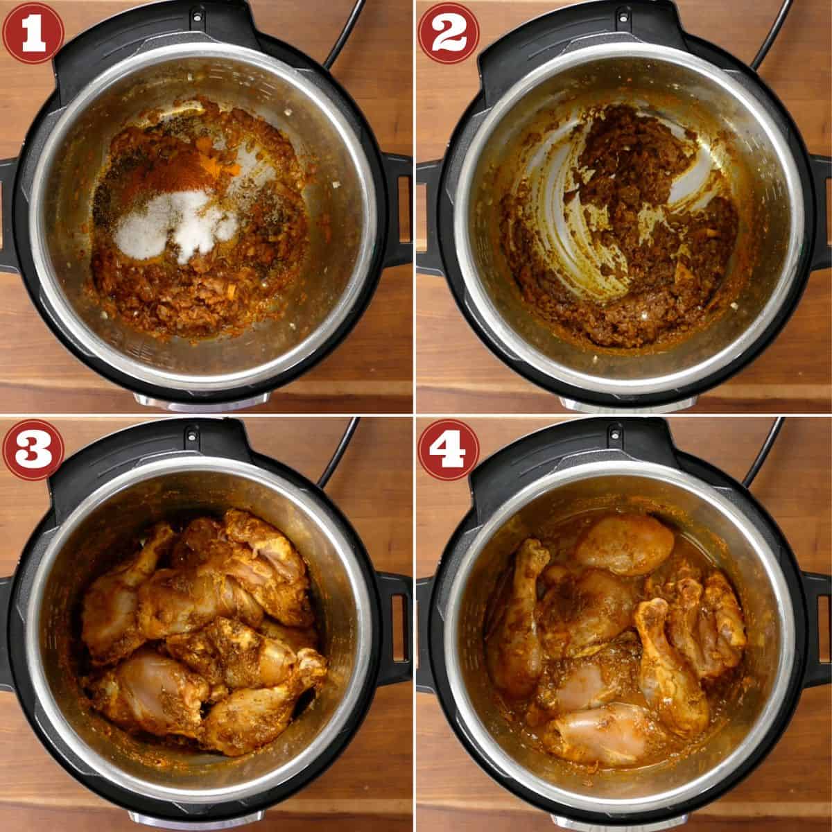 Instant Pot chicken curry collage with stages of cooking spices and adding chicken with broth
