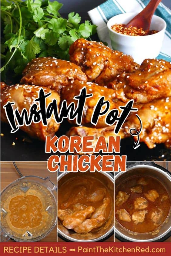 Instant Pot Korean Chicken two thighs and four drumsticks on a dark background, garnished with sesame seeds and collage of cooking stages with text 
