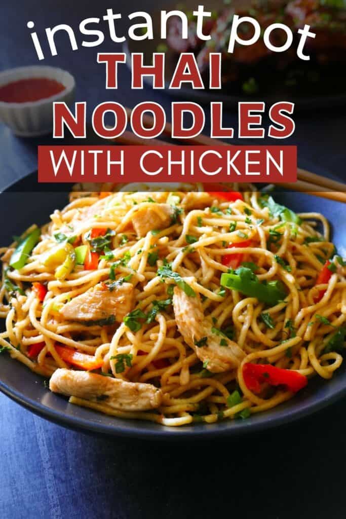 Bowl of noodles with chicken and vegetables with the text 