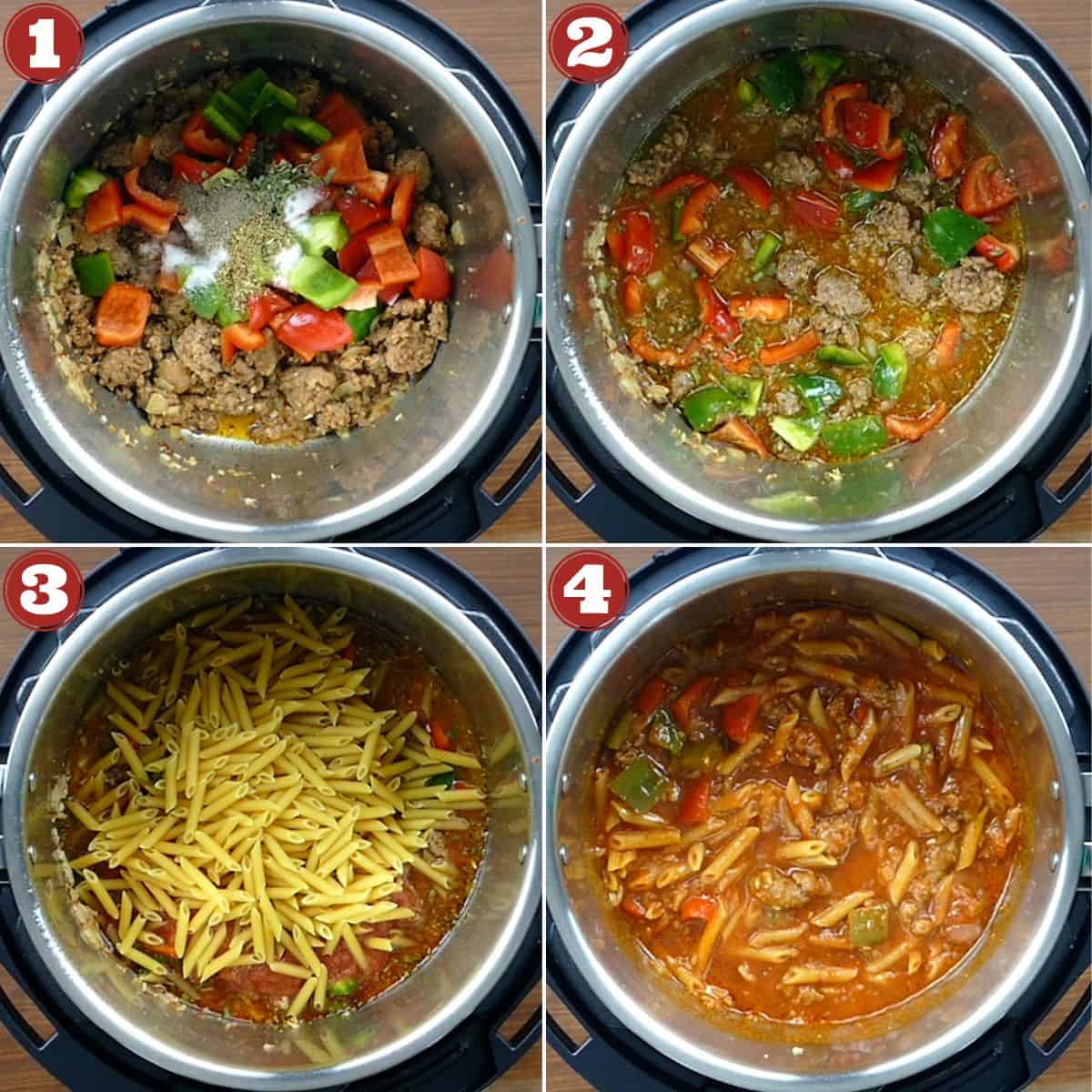 Instant Pot Penne Pasta with Sausage Instructions collage - bell peppers and spices, broth added, pasta added and pasta under tomato sauce and liquid