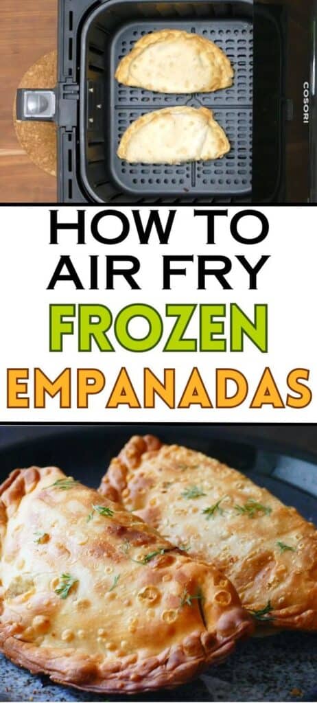 Golden crispy empanadas with text "how to air fry frozen empanadas "