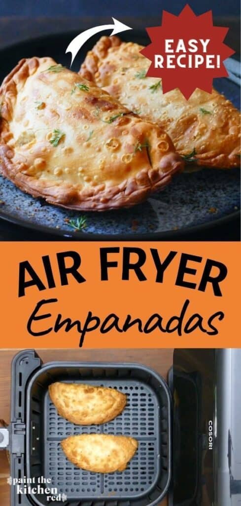 Golden crispy empanadas with text 