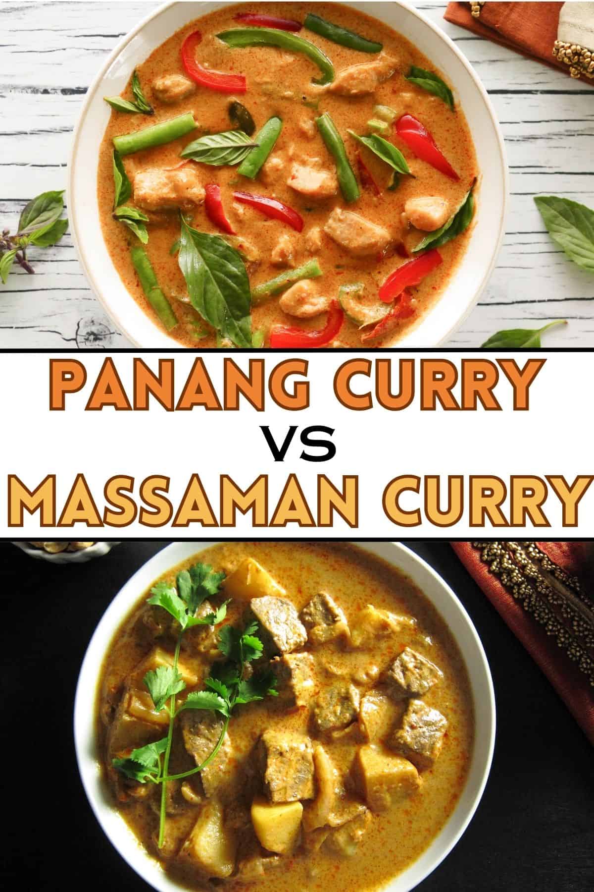 panang curry and massaman curry in white bowls with text 