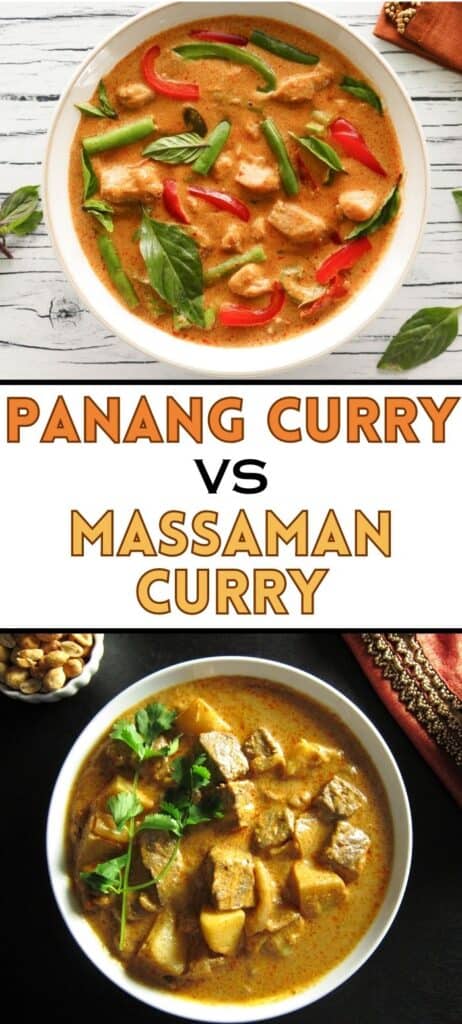 panang curry and massaman curry in white bowls with text "panang curry vs massaman curry"