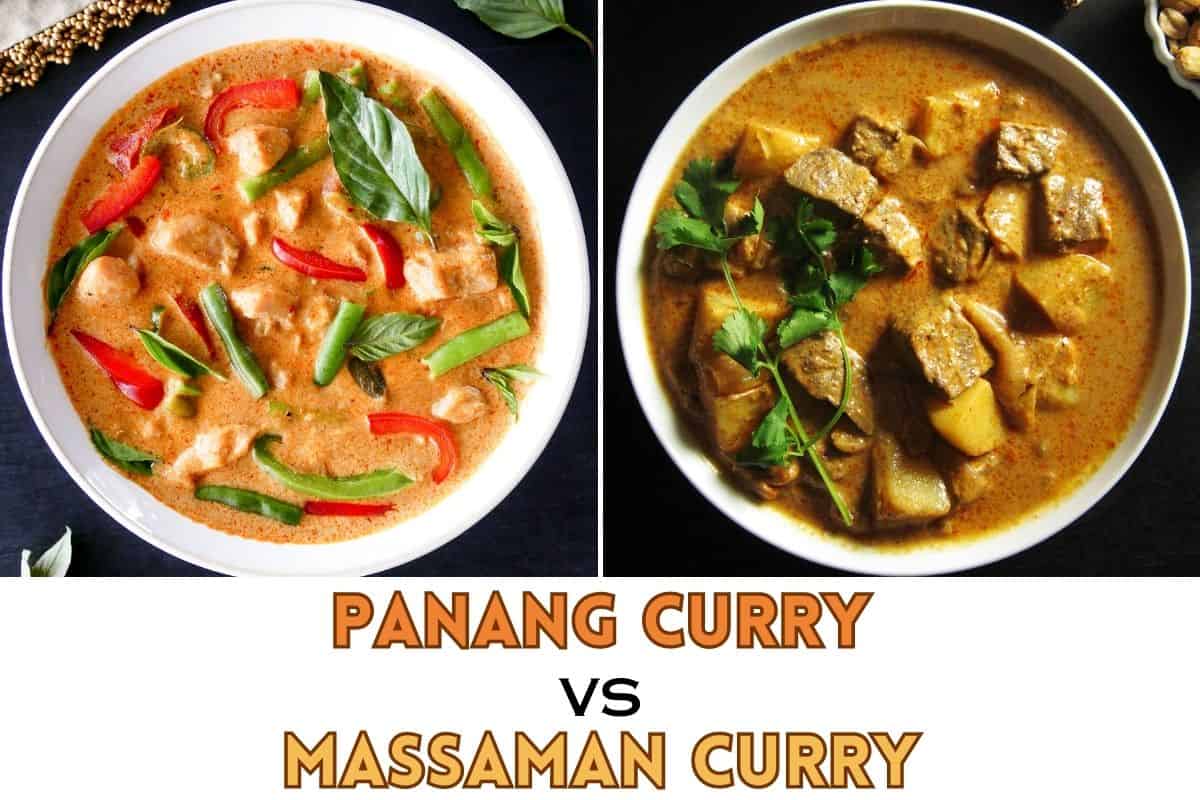 panang curry and massaman curry in white bowls with text 