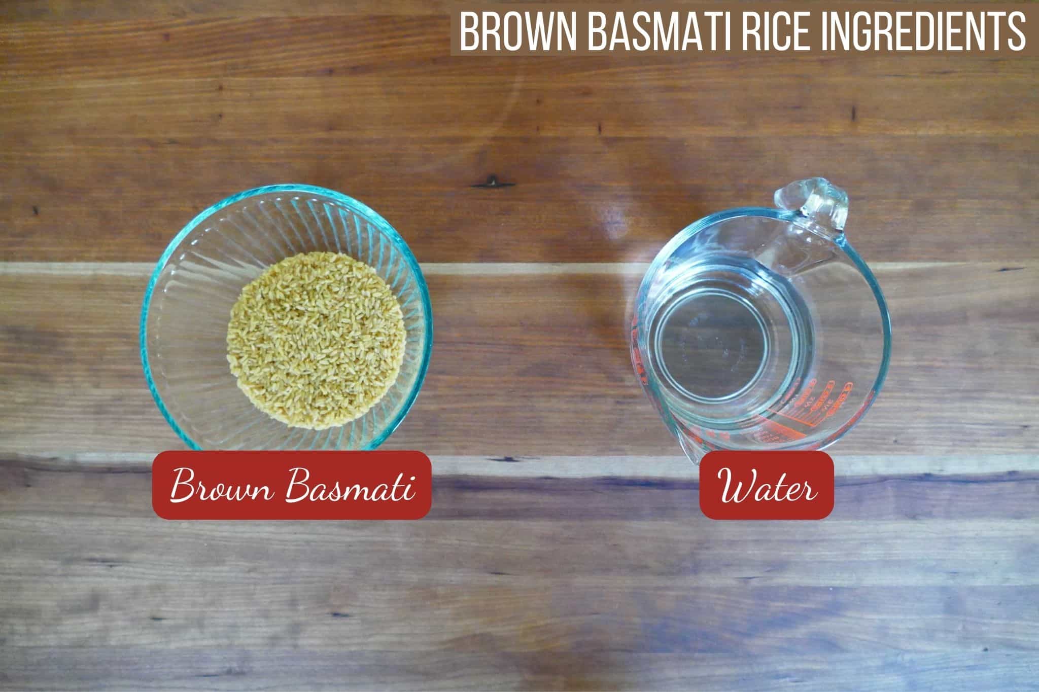 Brown basmati rice ingredients - brown basmati and water in glass containers.