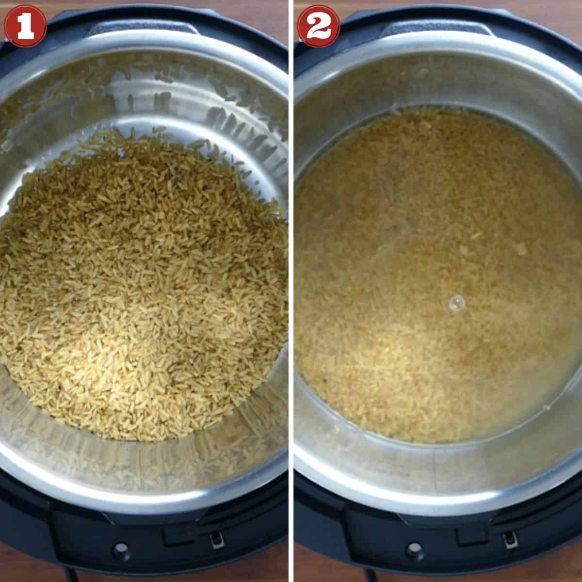 Collage of cooking stages - brown basmati rice in Instant Pot, water added to rice.