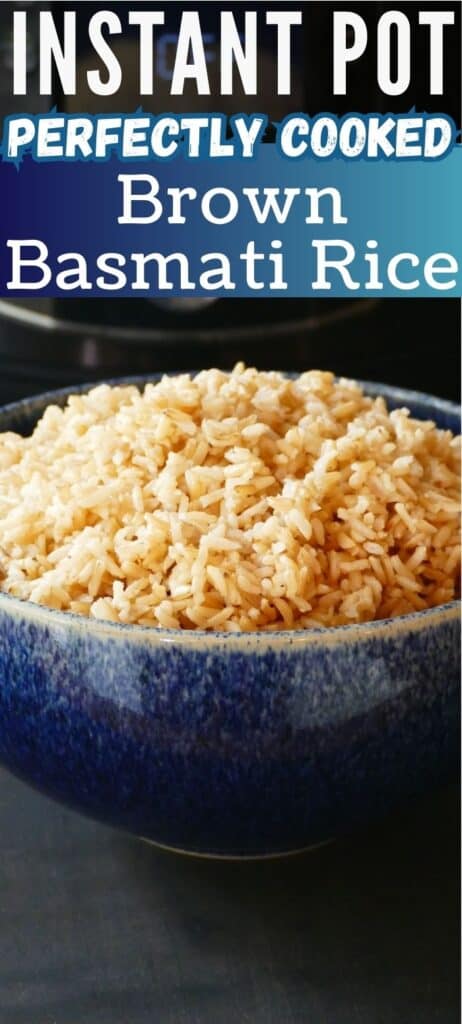 Heaping mound of brown rice in a blue bowl with words 