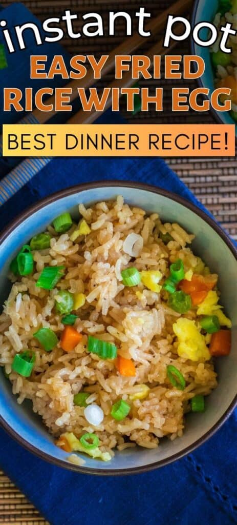 Fried rice in a bowl garnished with green onions with blue napkin and chopsticks in background and text 