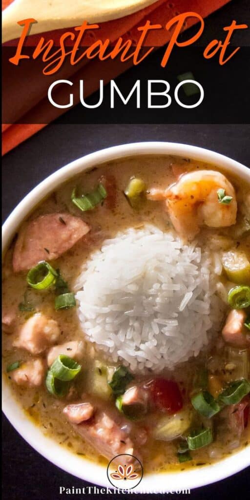 Two white bowls of gumbo with mound of rice in the middle and collage of cooking stages with text 