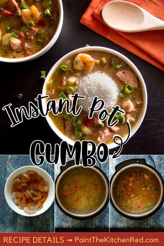 Two white bowls of gumbo with mound of rice in the middle and collage of cooking stages with text "instant pot gumbo"