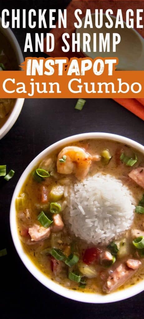 Two white bowls of gumbo with mound of rice in the middle and text 