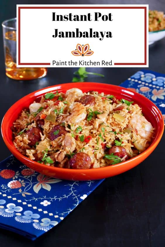 Instant Pot Jambalaya Pinterest pin - orange bowl with shrimp, sausage and rice.