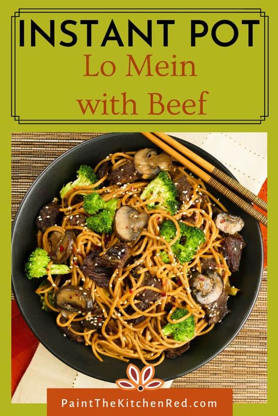 Noodles with Beef and Broccoli in black bowl on straw mat with chopsticks laid across bowl with text 