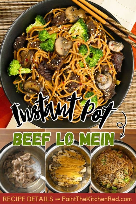 Lo Mein with Beef and Broccoli in black bowl on straw mat with chopsticks laid across bowl and collage of cooking stages with text 