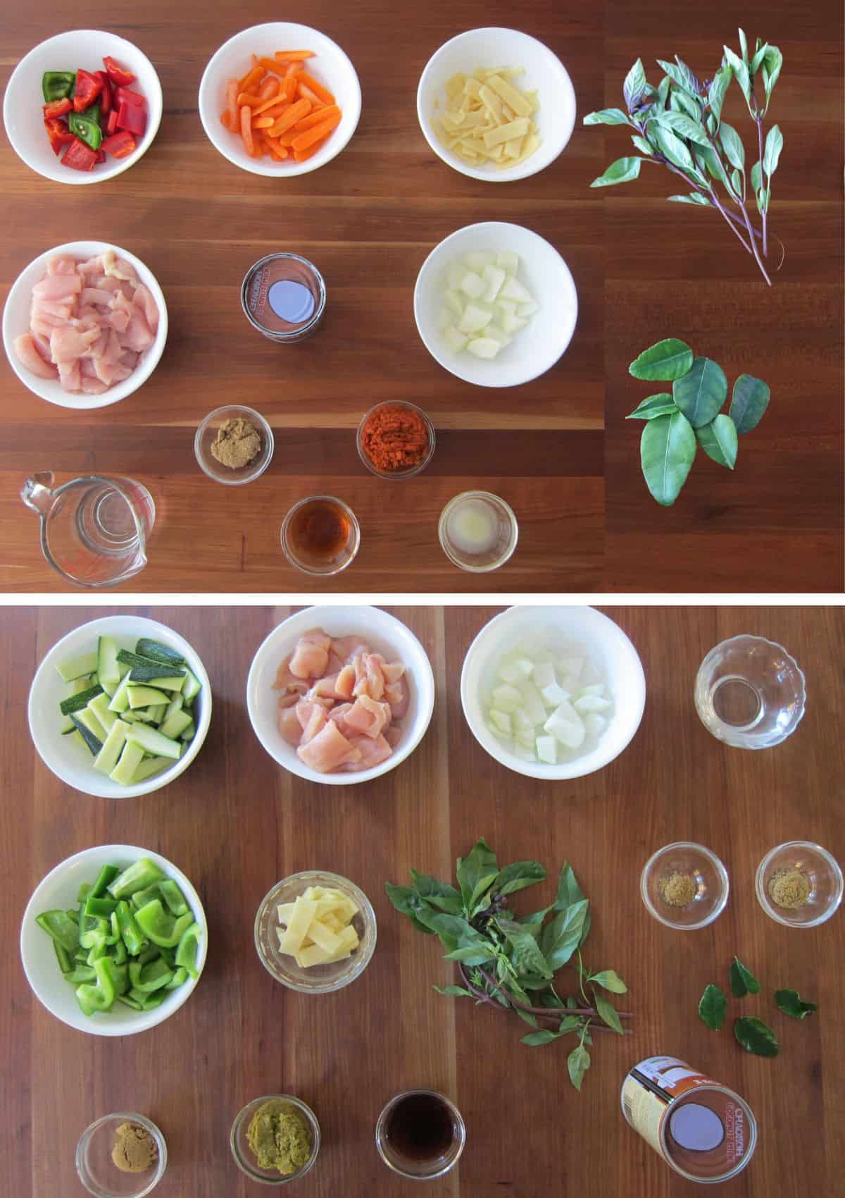 ingredients for red curry and green curry on a wooden background