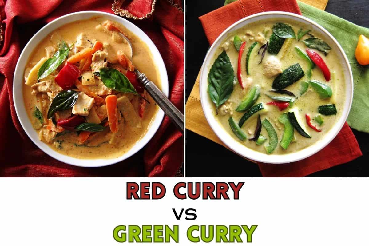 red curry and green curry in white bowls with text 